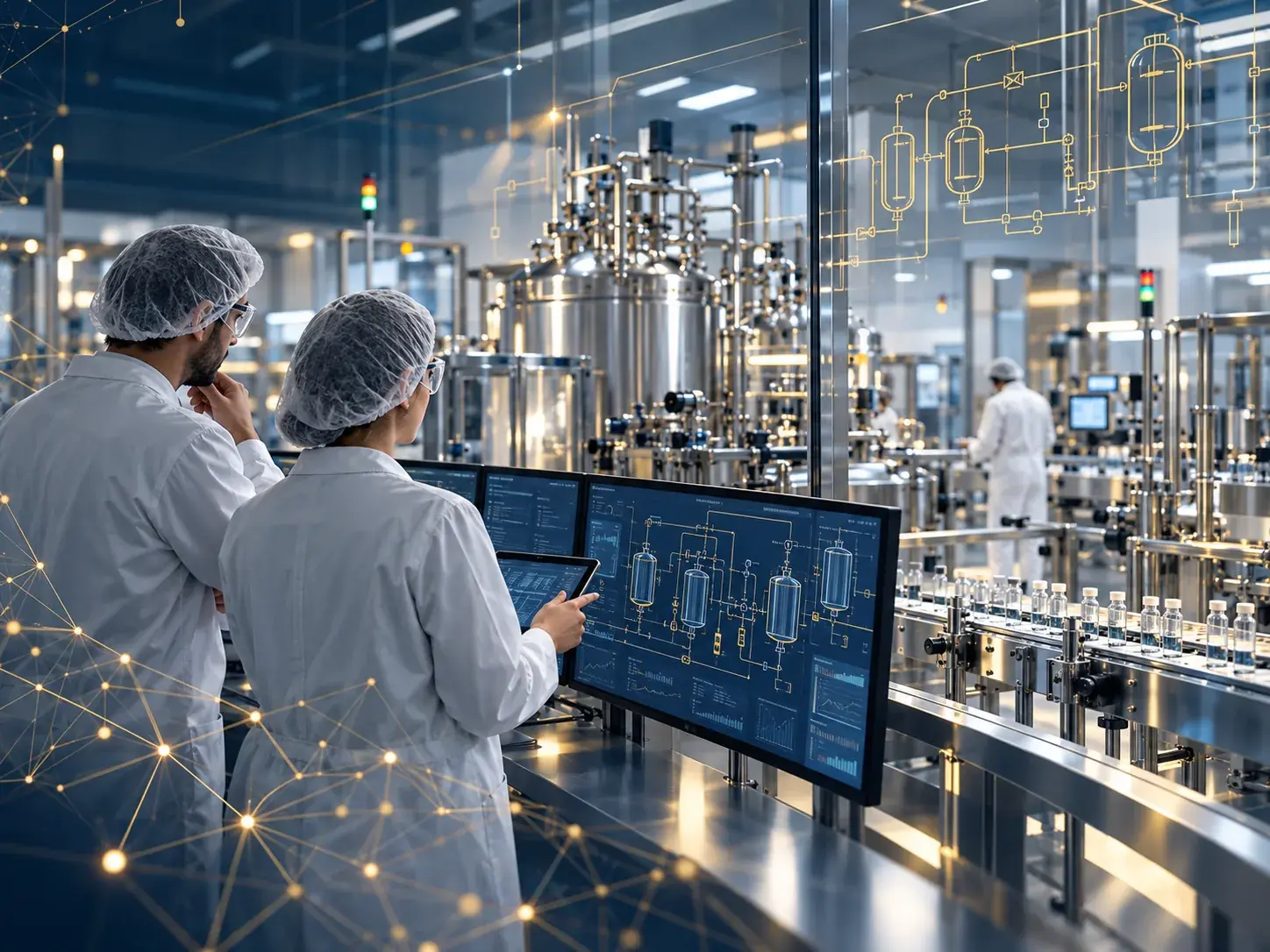 Illustrative editorial image: Pharmaceutical manufacturing